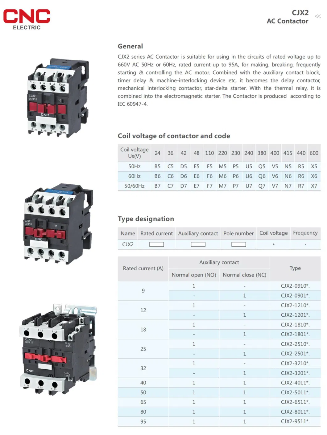 CNC Cjx2 50Hz/60Hz 25A 3 Poles AC Magnetic Contactor