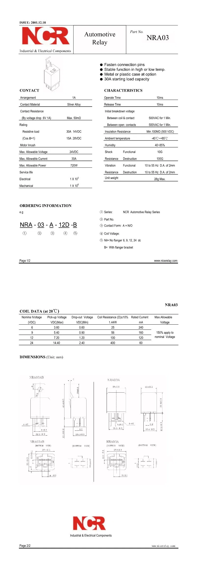 30A Automotive&#160; Relay NRA03-6VDC