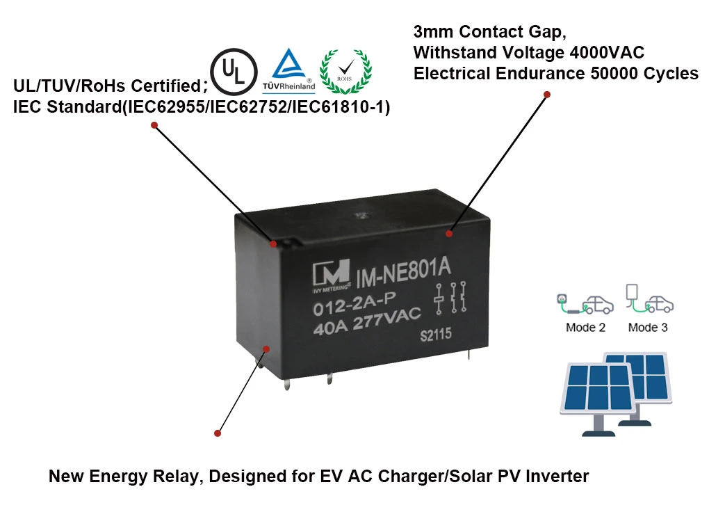 CE/TUV/UL Approved 40A 250VAC Dpst PCB 2 Pole 12V Automotive Relay Contactor for AC Charger