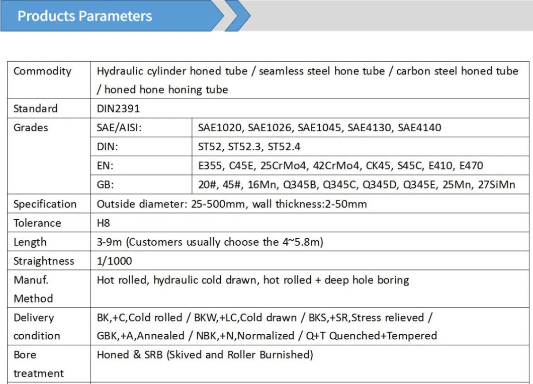 Cold Drawn Hot Rolled Deep Hole Bored Seamless Honed Carbon Steel Tube for Hydraulic Cylinder Tube