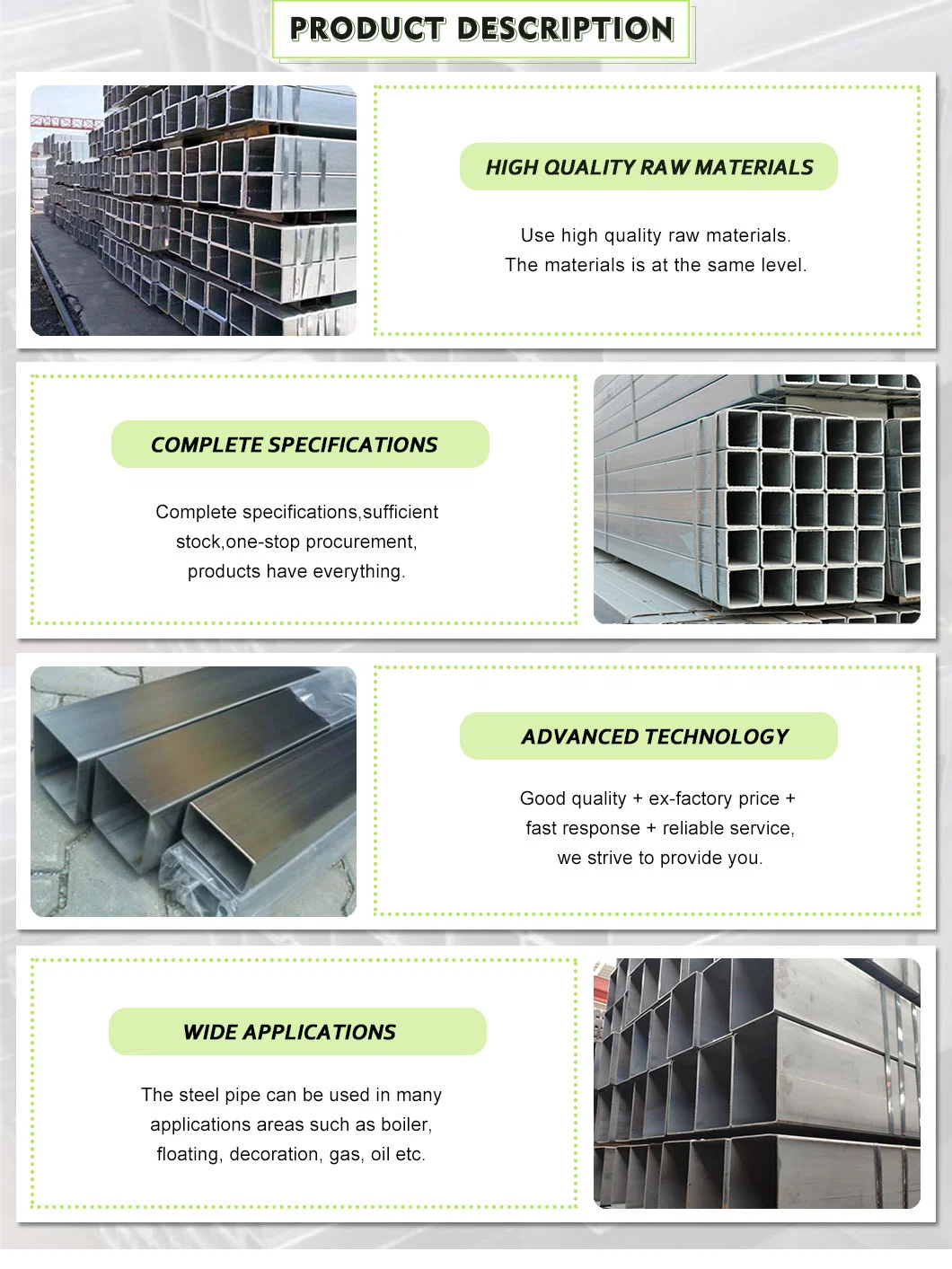 High Quality Best Price 35-75G/M2 Zin Coated Pre Galvanized Square and Rectangular Steel Pipe