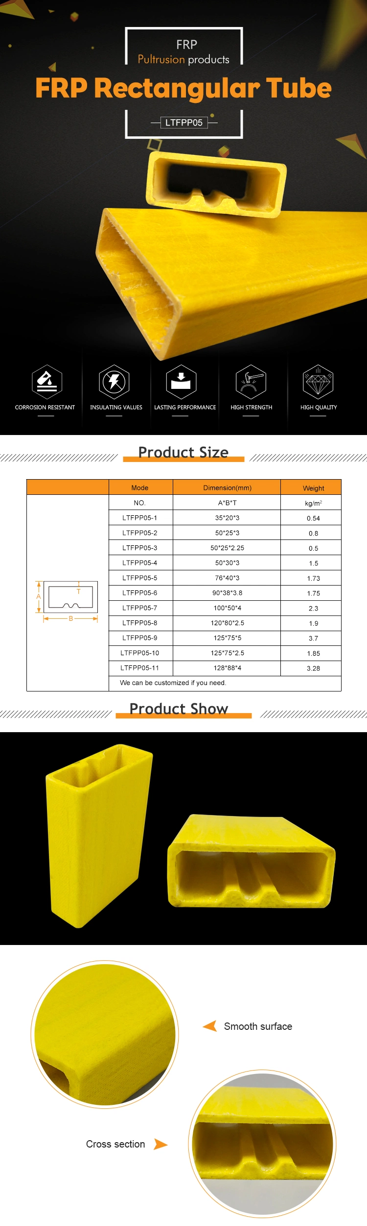 Pultruded Fiberglass Hollow Tubes FRP Composite Plastic Square Rectangular Round Tube