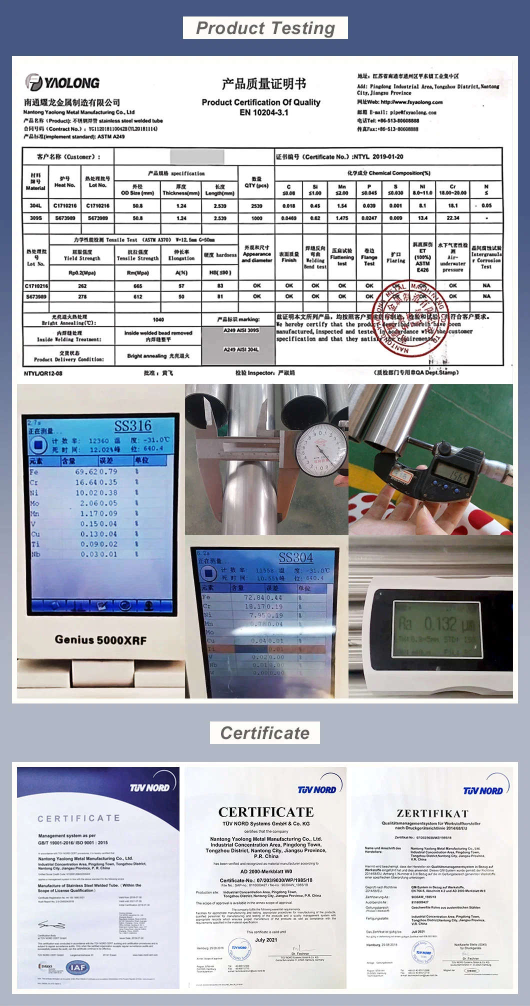 ASTM A554 AISI SUS 201 304 309 304L 316L Welded/Seamless Tube Railing Stainless Steel Pipe