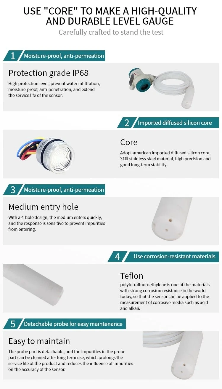 Teflon Cable Transmitter 0-5m/0-10m Rangeteflon Anti-Corrosion Cable 3-Wire 0-5V 1-5V 0-10V /DC24V Output PTFE Level Transmitter