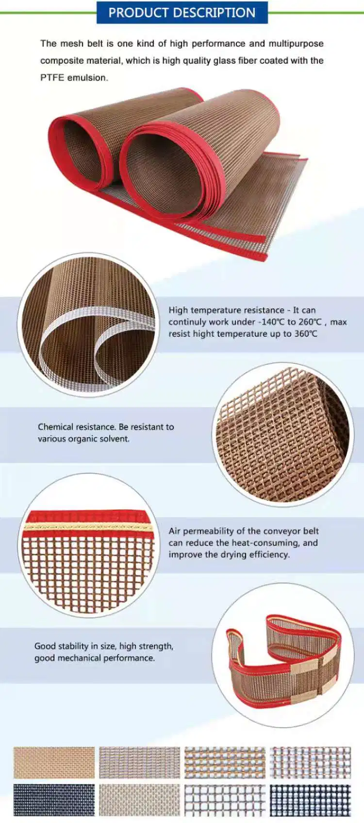 China Factory High Temperature Non Stick Industrial PTFE Mesh Conveyor Belts