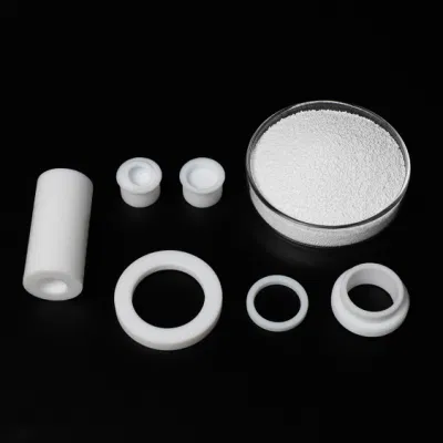 Politetrafluoroetileno blanco materia prima, partículas de PTFE para sellado industrial. Materia prima de PTFE