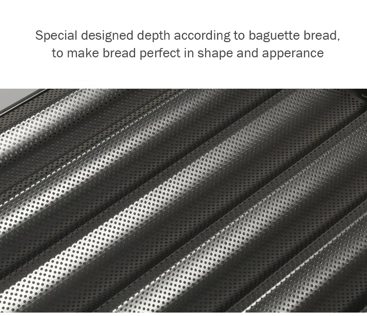 Commercial 40*60cm 5 Rows Perforated Aluminum PTFE Nonstick Coated Baguette Pan French Bread Baking Tray with 5 Slots Baguette Tray Close-Farme