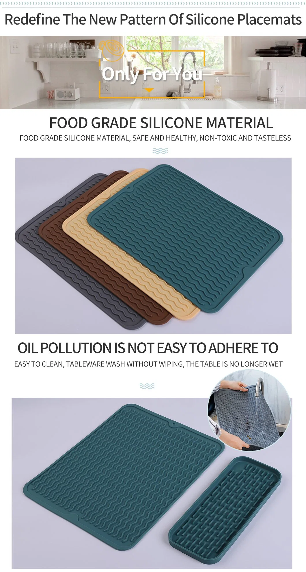 Custom Eco-Friendly Food Grade Kitchen Silicone Heat Resistant Mats Silicone Dish Drying Mat