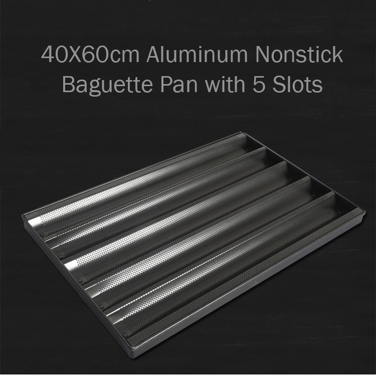 Commercial 40*60cm Perforated Aluminum 5 Rors PTFE Nonstick Coated Baguette Pan French Bread Baking Tray with 5 Slots Close-Ended