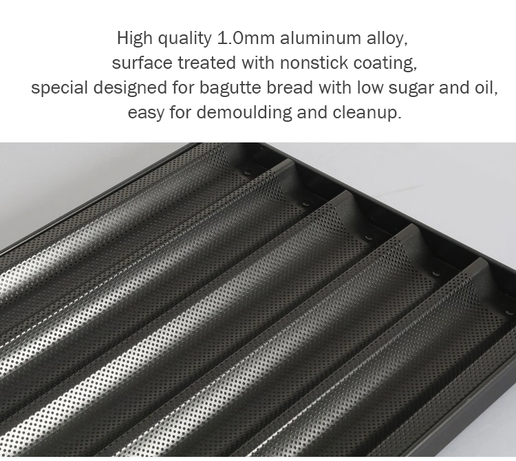 Commercial 40*60cm Perforated Aluminum 5 Rors PTFE Nonstick Coated Baguette Pan French Bread Baking Tray with 5 Slots Close-Ended