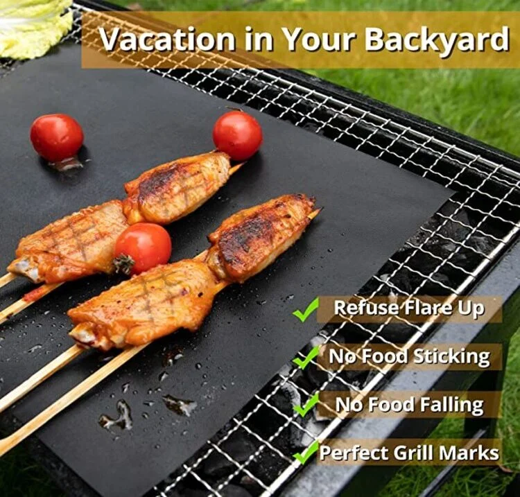 Reusble PTFE BBQ Grill Mat Black Non-Stick BBQ Cooking Mat Heat Resistant Oven Liner