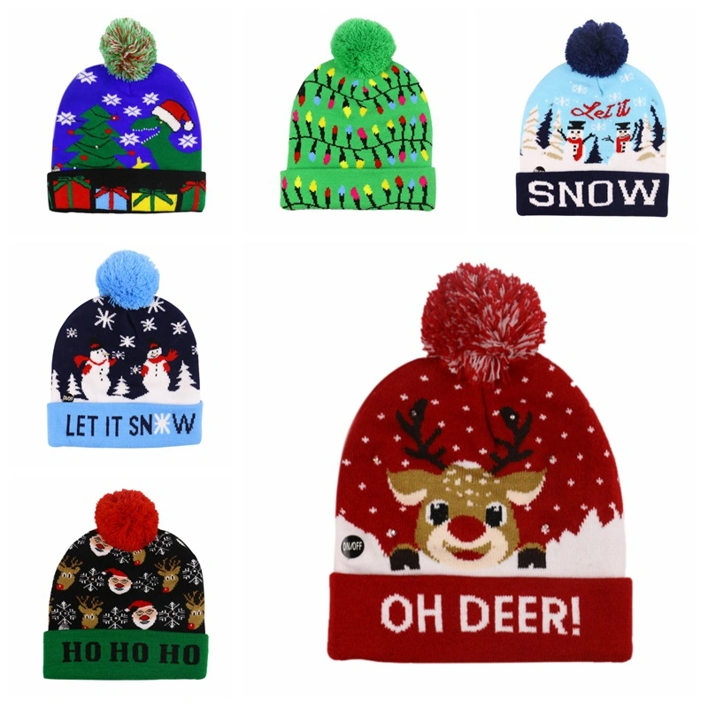 Christmas Style LED Pompoms Cute Deer Pattern Knitted Beanie Hat for Winter