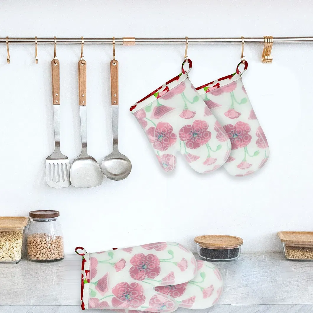 Silicone Oven Mitts Transparent Clear Silicone Shell with Printing Cotton Quilted Lining Kitchen Oven Gloves Pot Holder