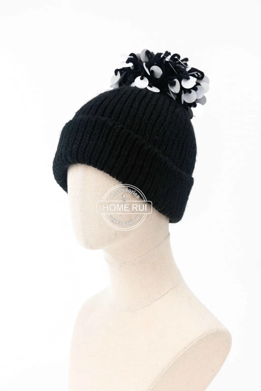 Home Rui Women Lady Girl Bobble Pompom Silver Sequine Detachable Applique Glitter Black Hat Bonnet Junior Decorative Beanie