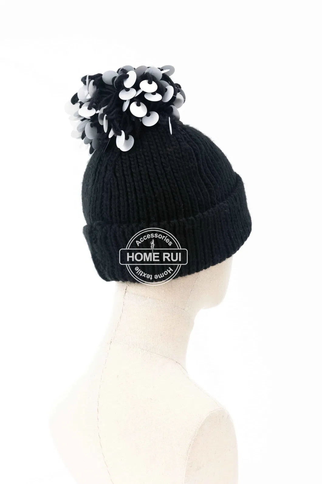 Home Rui Women Lady Girl Bobble Pompom Silver Sequine Detachable Applique Glitter Black Hat Bonnet Junior Decorative Beanie