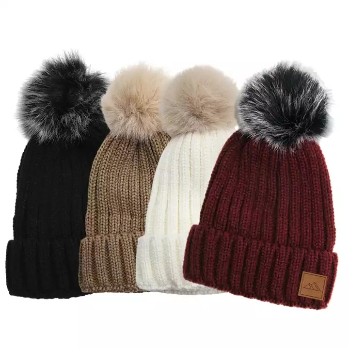 Adult Women Girls Winter Custom Leather Patch Fleece Lined Acrylic Rib Knit Pompom Beanie Hat with Faux Fur POM POM