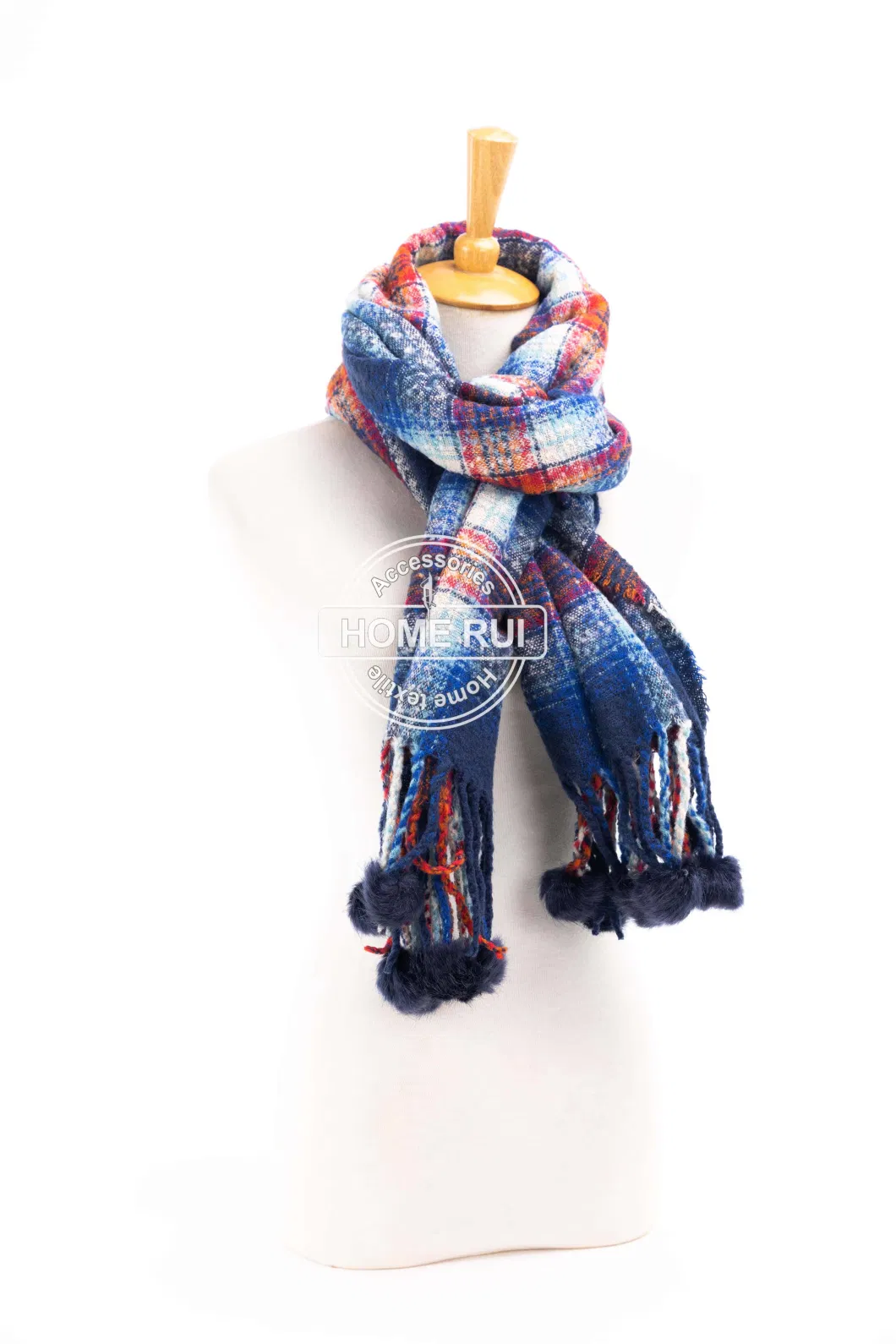 Fashion Accessory Unisex Men Women Winter Navy Red Mixed Acrylic Brushed Woven Fringe Pompom Grid Checks Design Long Scarf