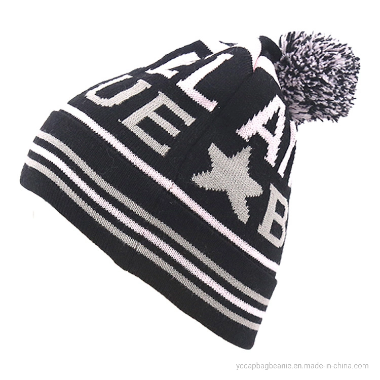 Fashion Acrylic Winter Warm Pompom Jacquard Bobble Knitting Beanie Hat