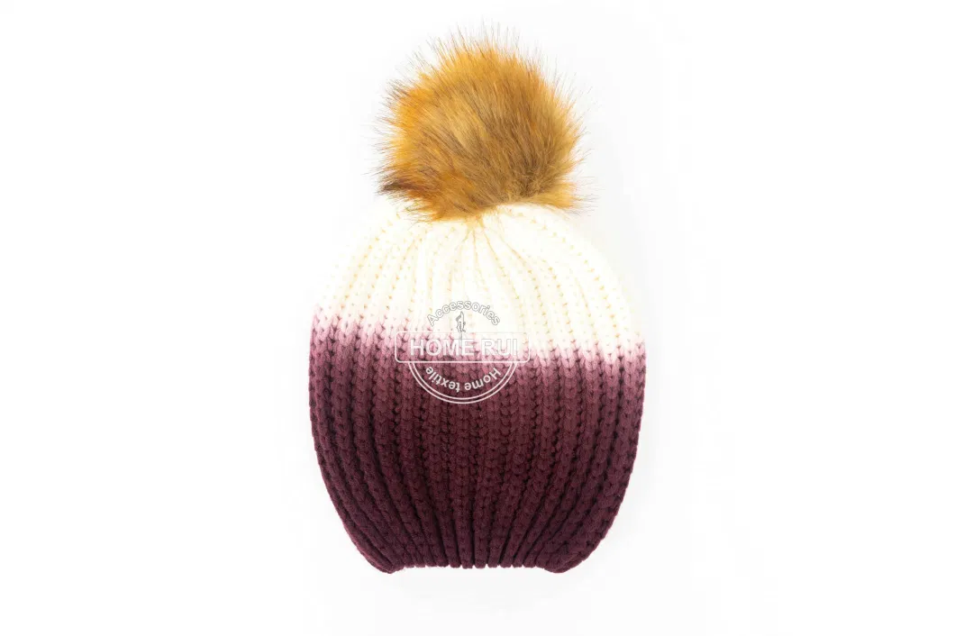 Women Warm Soft Slouchy Mustard Mega Pompom Wine White DIP Dying Knitted Plain Bonnet Casual Hat Beanie