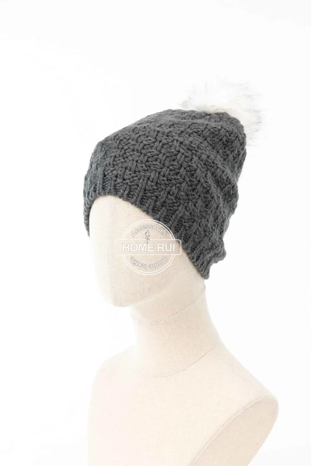 Women Warm Soft Slouchy Acrylic White Fur Pompom Dark Grey Charcoal Knitted Zigzag Jacquard Bonnet Casual Hat Beanie