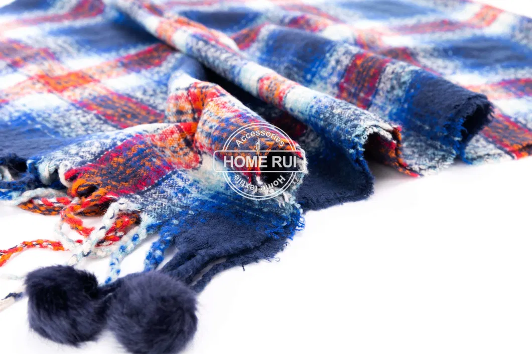 Fashion Accessory Unisex Men Women Winter Navy Red Mixed Acrylic Brushed Woven Fringe Pompom Grid Checks Design Long Scarf