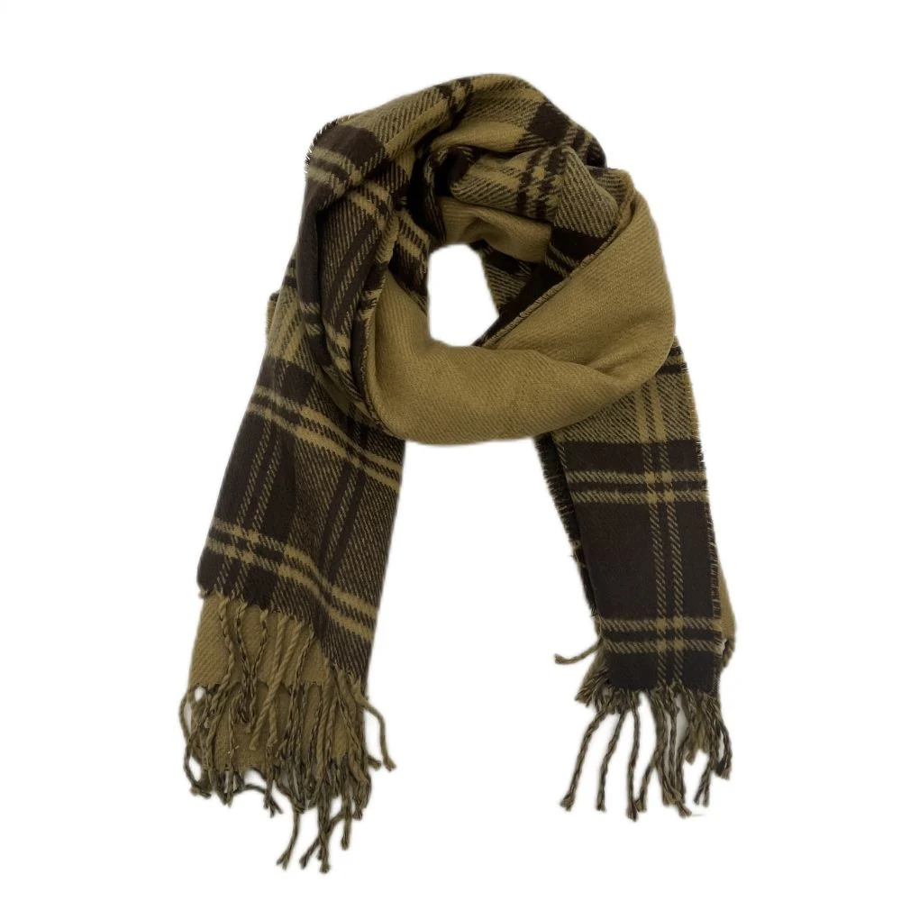 Womens Plain and Checked Reversed Woven Scarf with Fringes