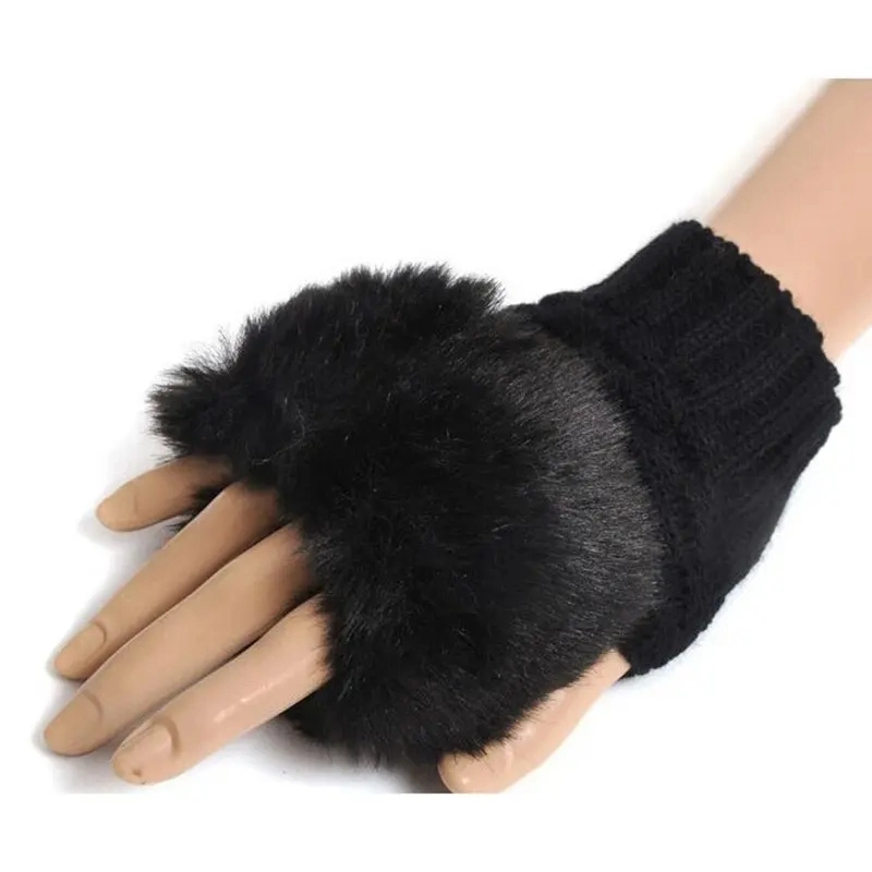 Women Arm Crochet Knitting Faux Wool Mitten Warm Fingerless Gloves