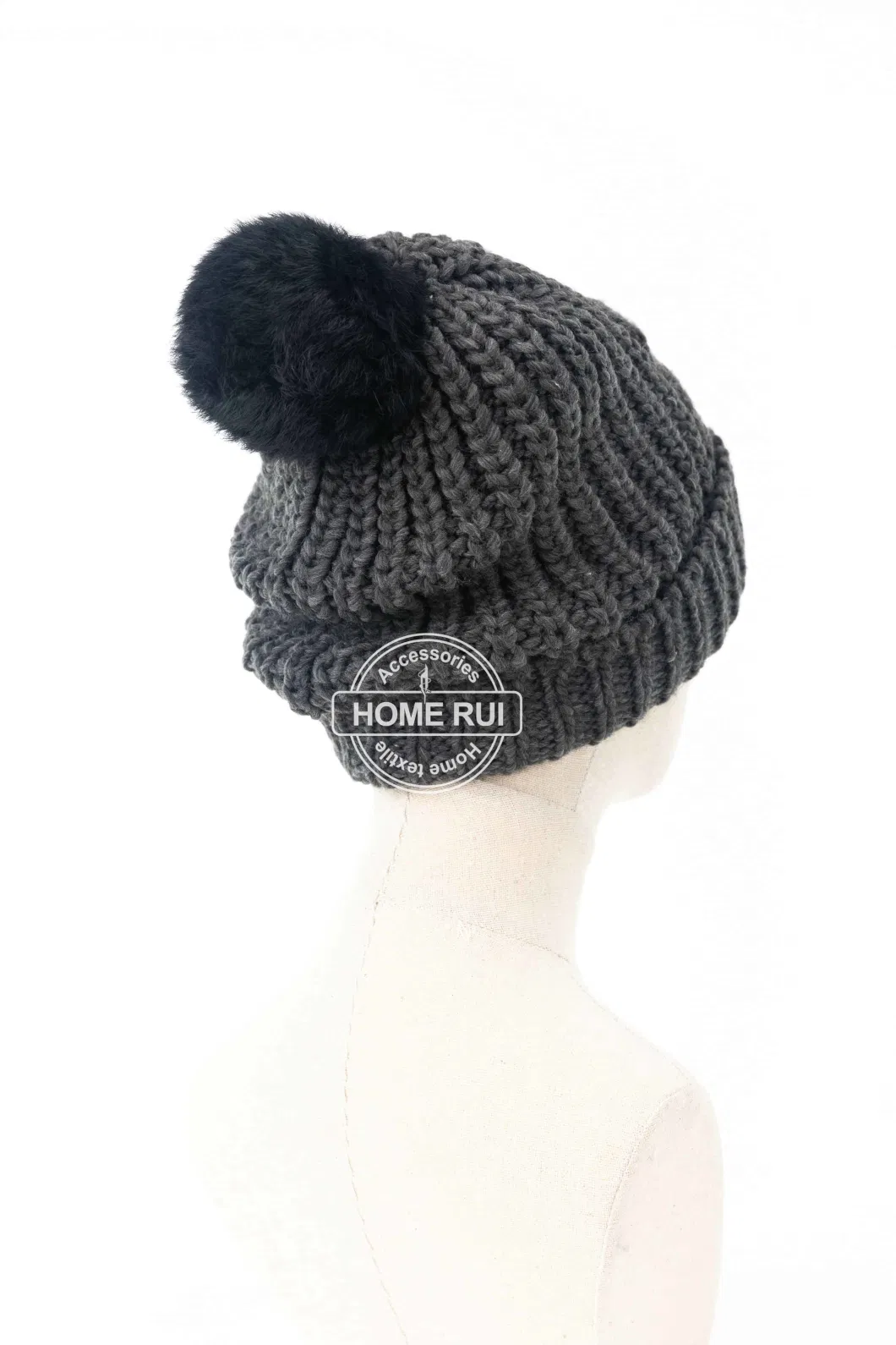 Women Warm Soft Acrylic Dark Grey Charocal Black Pompom Gold Metal Beads Deer Design Knitted Rib Bonnet Casual Hat Beanie