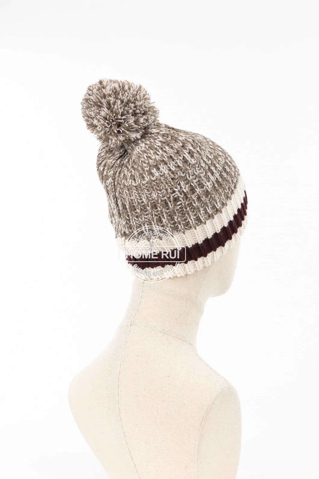 Women Warm Soft Slouchy Acrylic Brown White Pompom Blended Mixed Rib Striped Bonnet Casual Hat Beanie