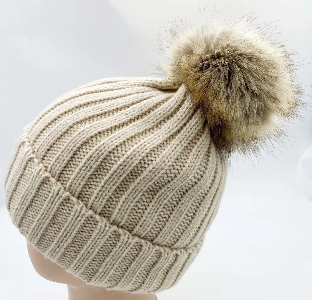 Solid Beige Color Acrylic Yarn Rib Knit Bobble Beanie Hat Scarf and Gloves