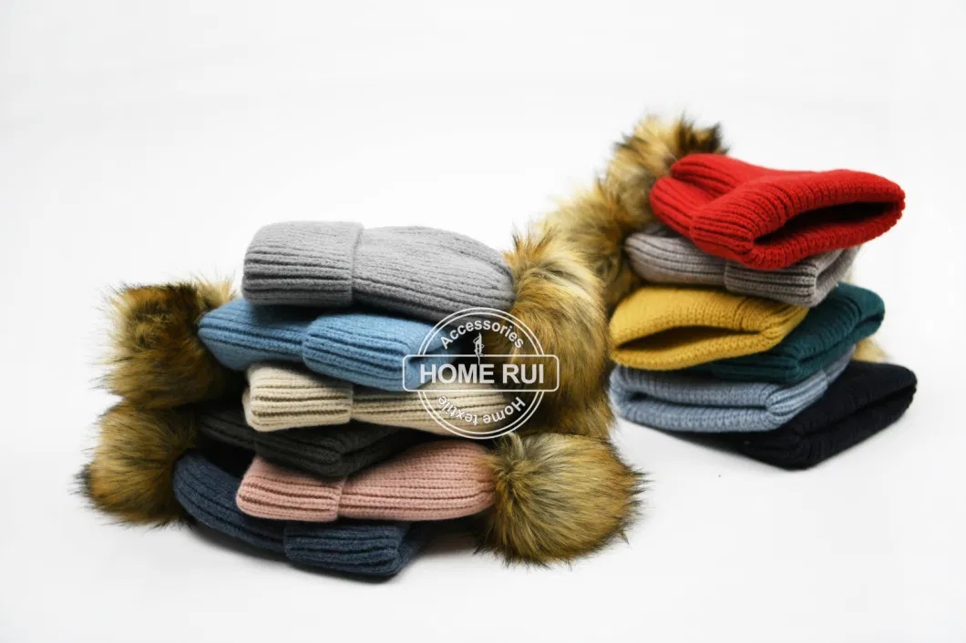 Chunky Beanie Hats Custom Embroidery Logo Warm Ski Winter Knitted Beanie Ribbed Plain Fisherman Design with Faux Fur POM POM