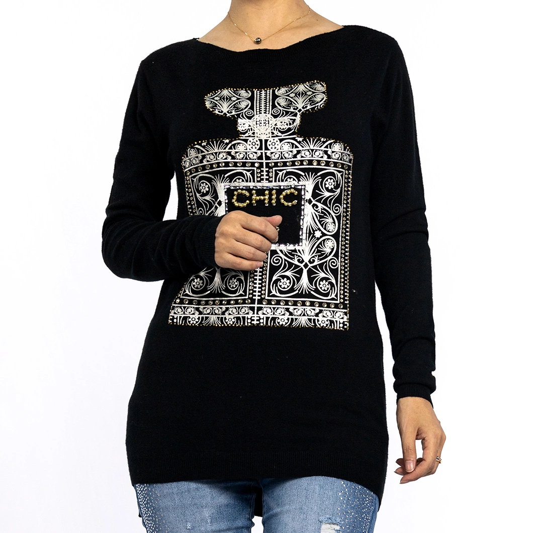 Autumn Round Neck Printed Drill Long Knitwear Pullover Black Sweaters Women Tops