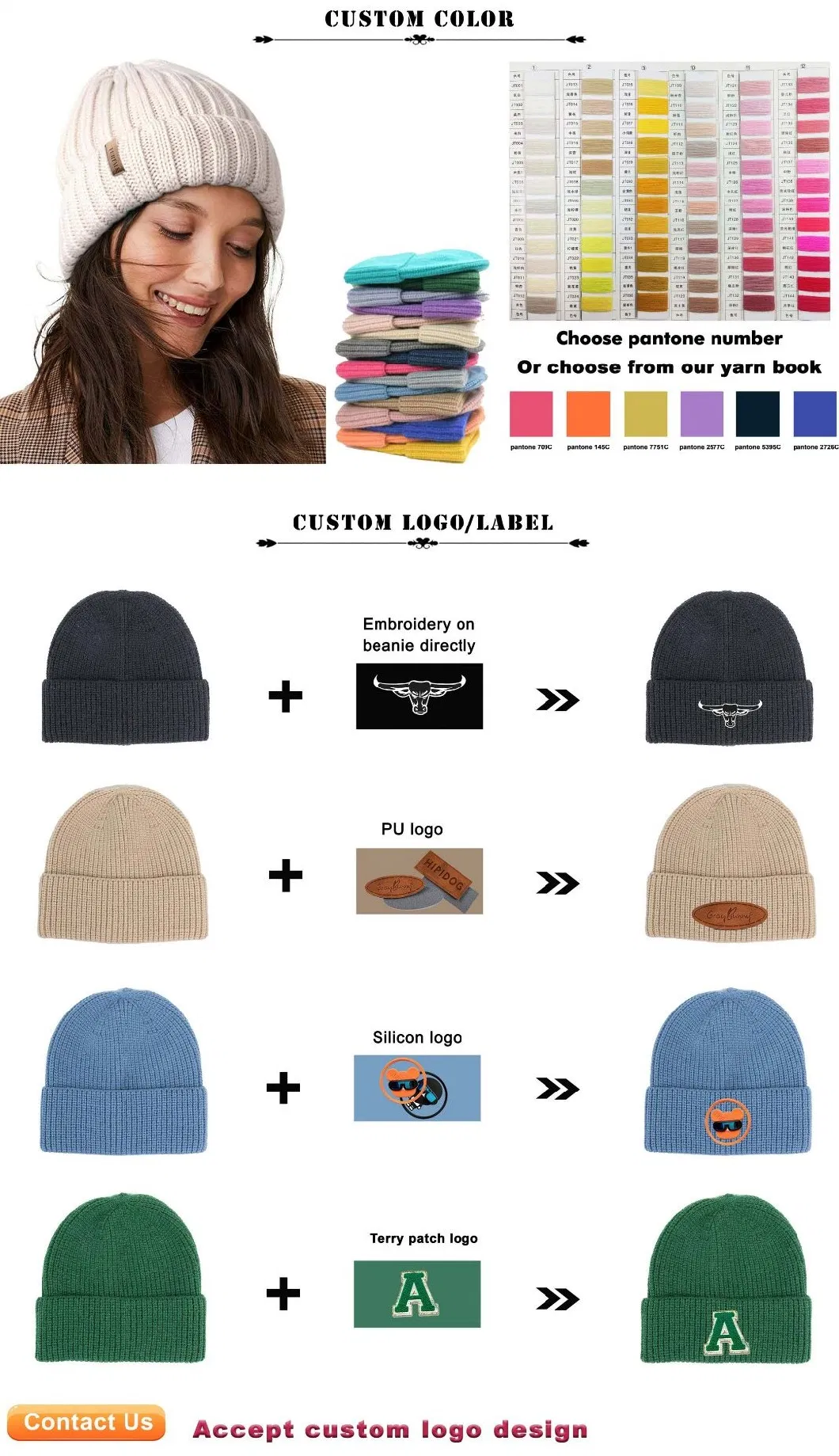 Manufacturers Custom Logo Women Beanies with POM POM Embroidery Character Patch Cuffed Knitted Hats Ribbed Chunky Knit Caps