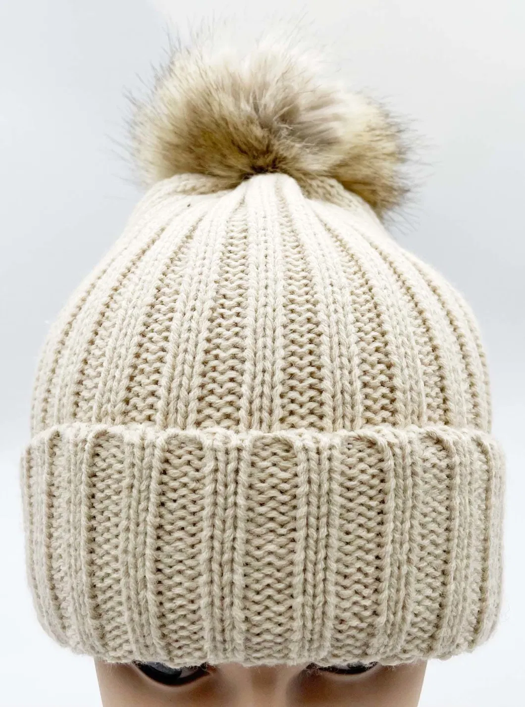 Solid Beige Color Acrylic Yarn Rib Knit Bobble Beanie Hat Scarf and Gloves