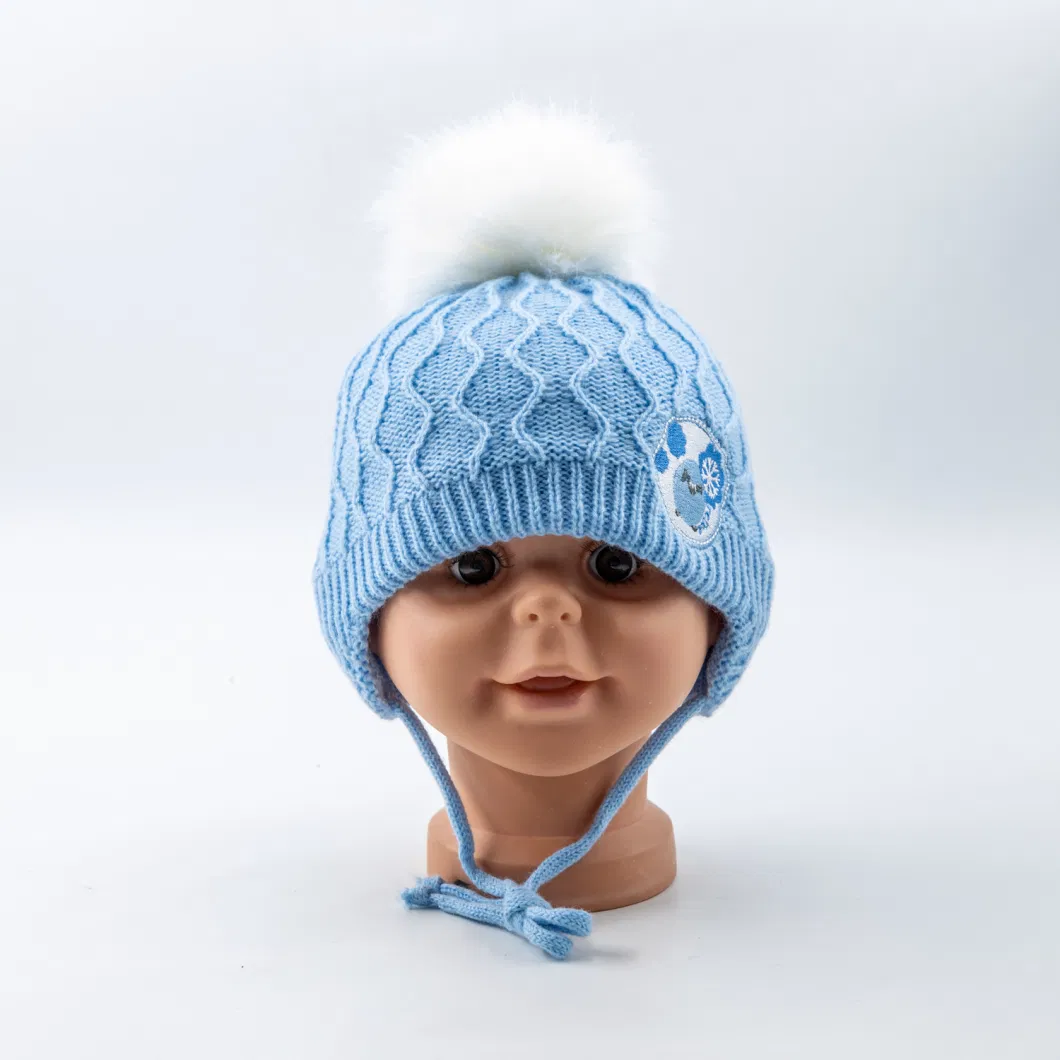 Baby Knitted Cute Earmuff Knitted Winter Hat with Fake Fur Pompon