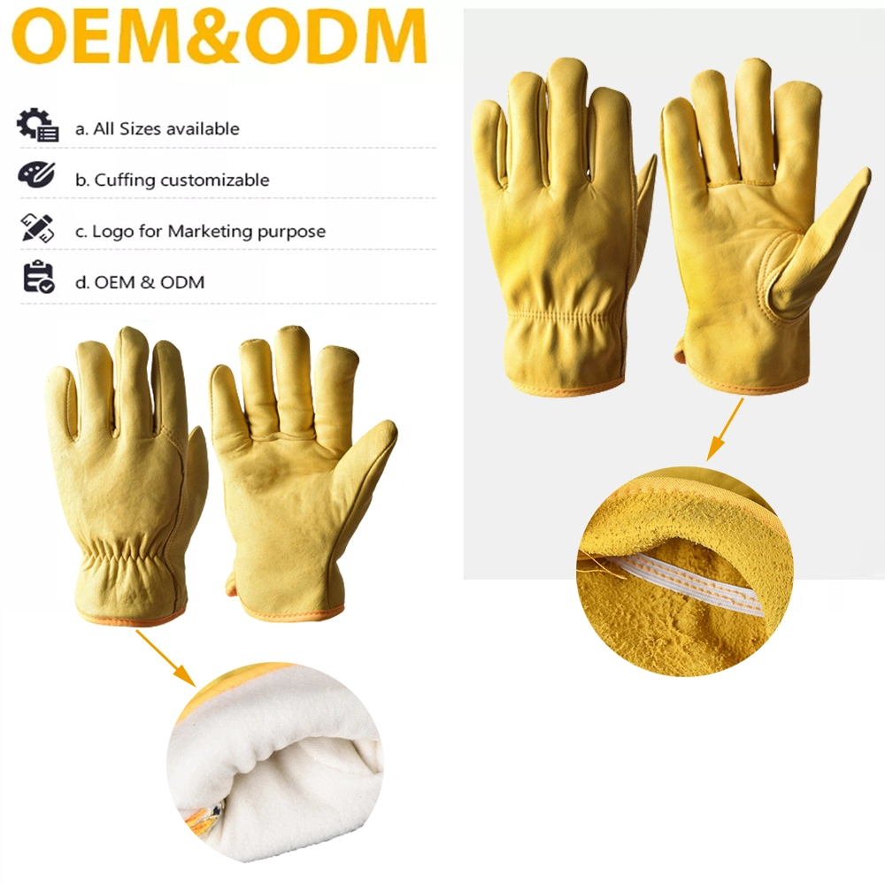 High-Quality Winter Warm Driver Goatskin Leather Work Gloves with Wool Lining