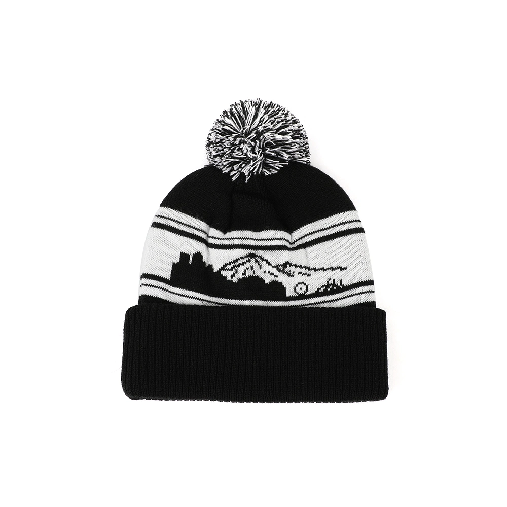 Hot Selling Products Winter Pompom Beanies 100% Acrylic Children Unisex Beanie Hats Embroidery Patch Black Jaquared Beanie