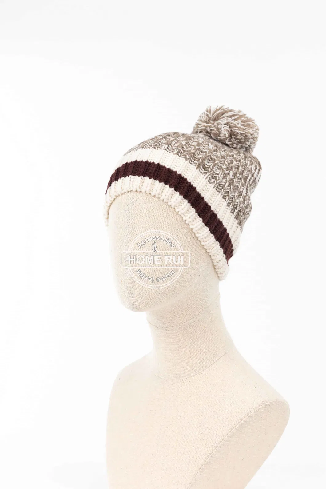 Women Warm Soft Slouchy Acrylic Brown White Pompom Blended Mixed Rib Striped Bonnet Casual Hat Beanie