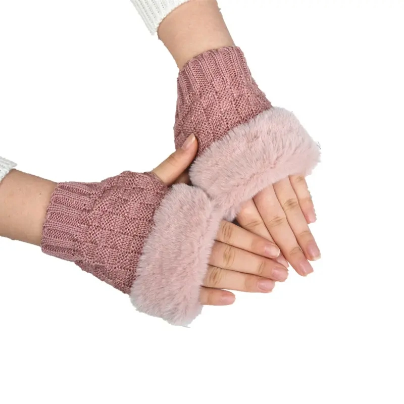 Women Arm Crochet Knitting Faux Wool Mitten Warm Fingerless Gloves