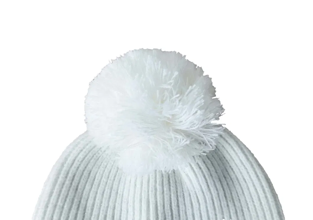 Winter Ladies White Customized Embroidery Plain Knitted Pompom Hat Beanie