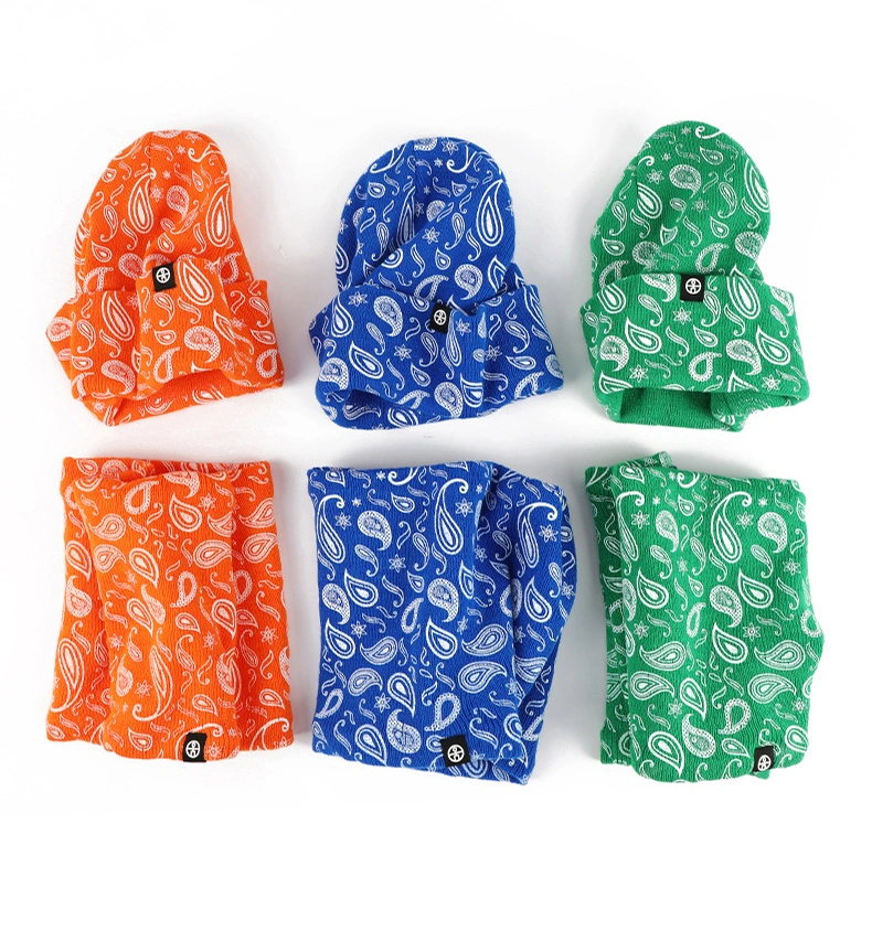 Winter Fashion Unisex Knitted Paisley Color Printed Gloves Scarf Hat Suit