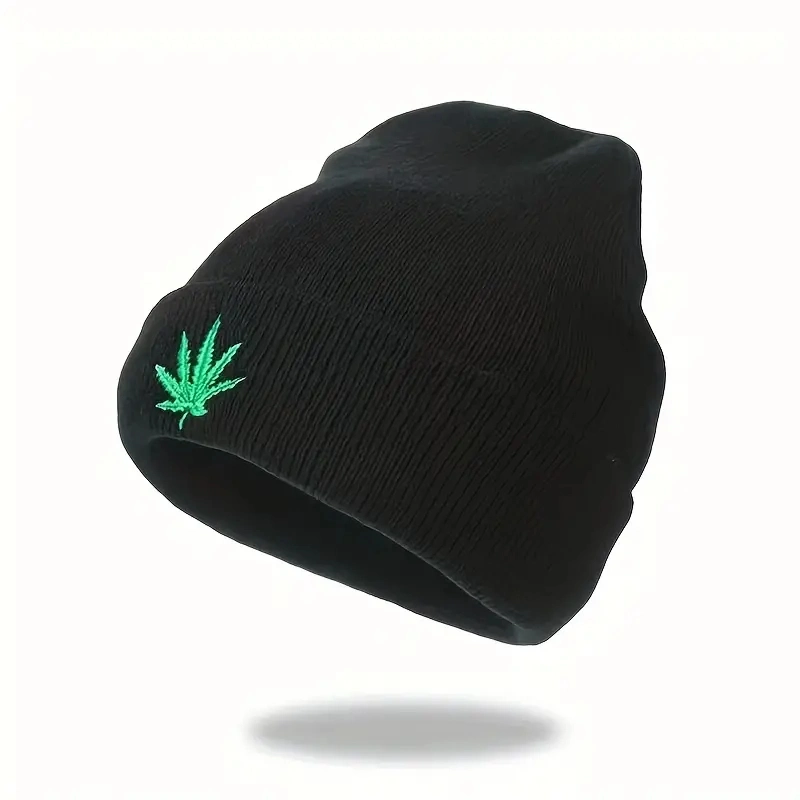 Fashion Leaf Embroidery Knitted Hat Universal Hip Hop Sports Beanie for Men Women Teens