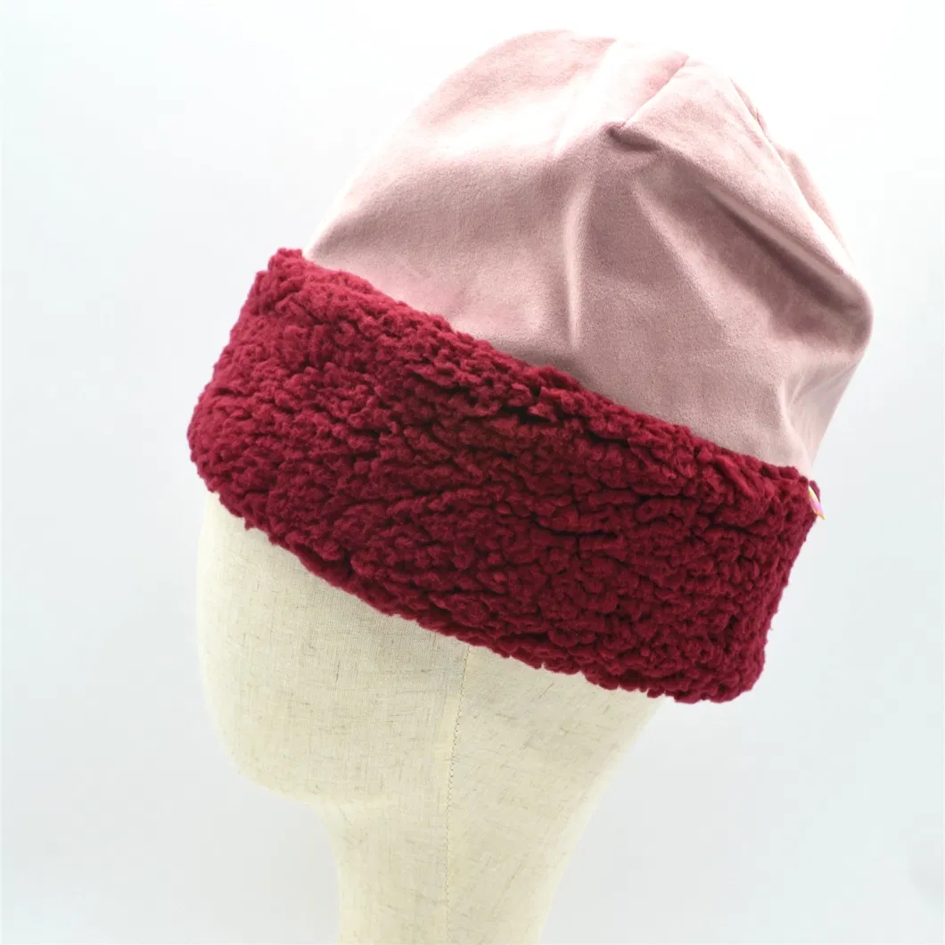 Custom Women Red Pink Color Leather-Like Polar Fleece Warm Winter Autumn Girls Beanie Hat Cap