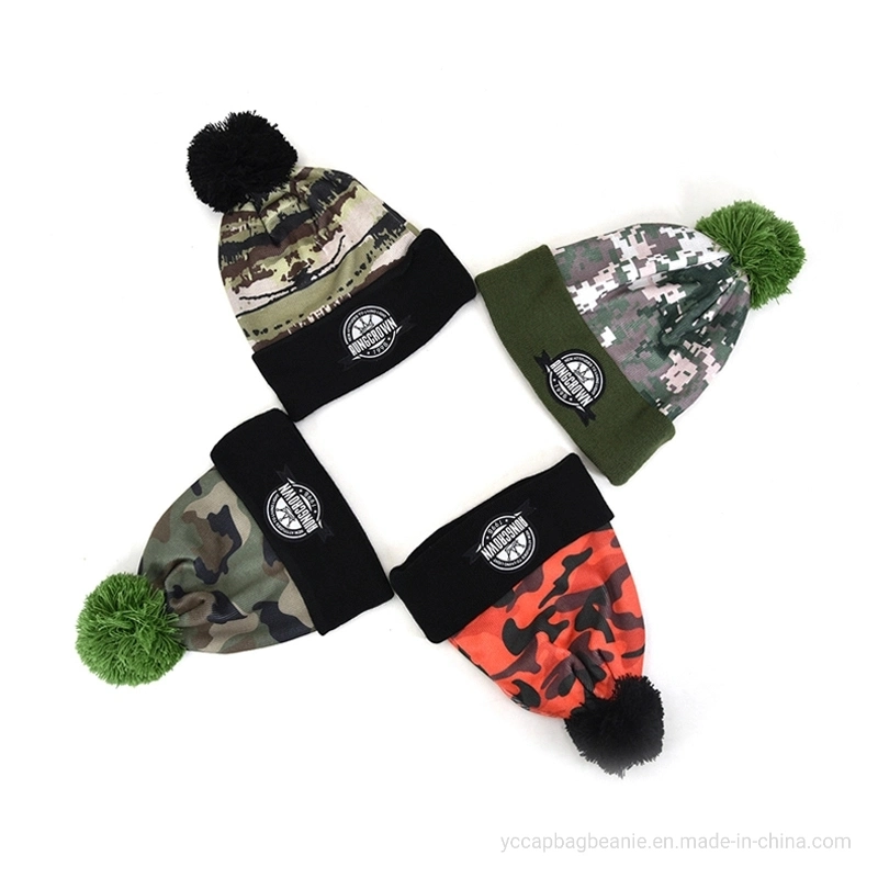 Custom Acrylic Winter Basketball Snow Ski Sport Camo Knitted Hat Beanie