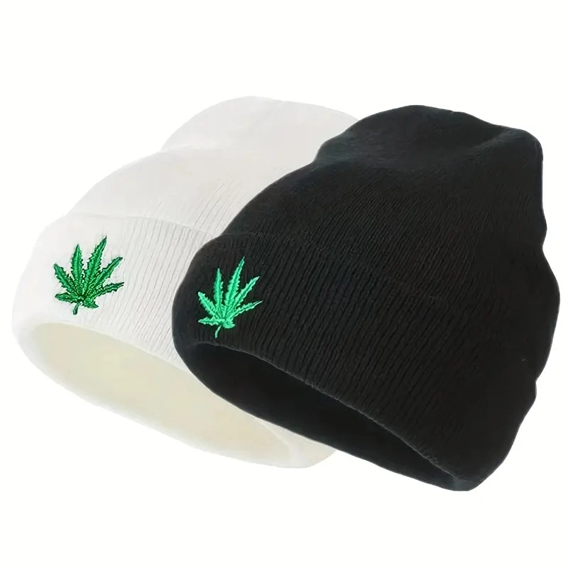 Fashion Leaf Embroidery Knitted Hat Universal Hip Hop Sports Beanie for Men Women Teens