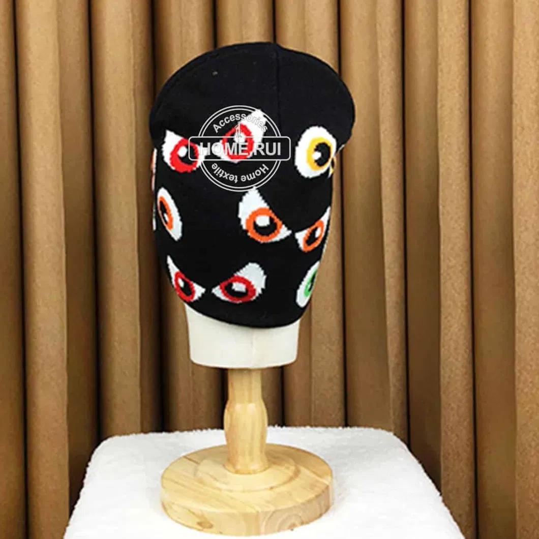 Manufacturers Custom Logo Knitted Hat Kids Child Hair Monster Eyes Skully Chunky All Around Print Jacquard Acrylic Winter Beanie