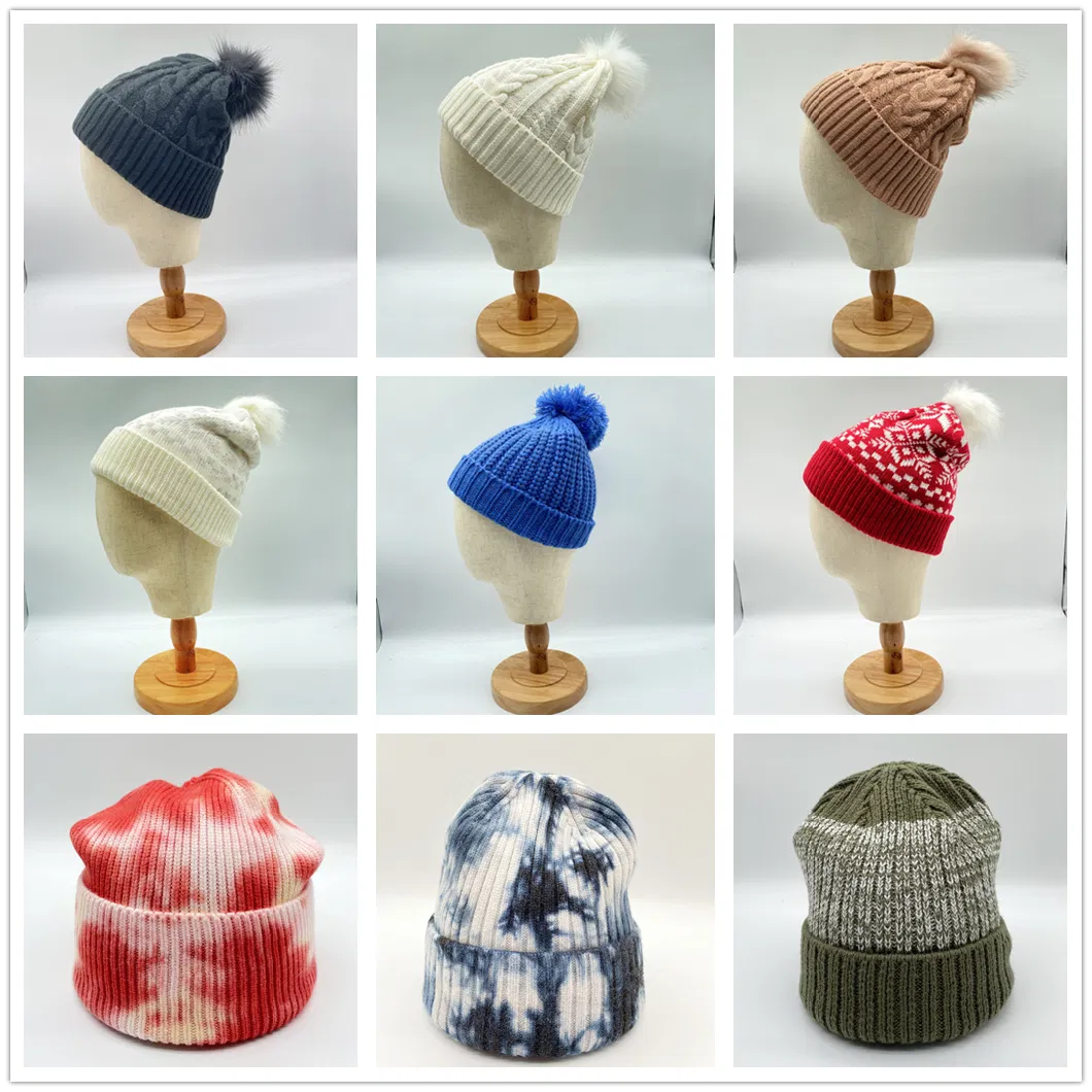 Wholesale Winter White Cuffed Ribbed Crochet Adult Knitted Beanie Hats with POM POM