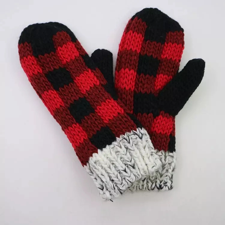 Womens Fashion Fleece Lined Faux Fur POM POM Buffalo Plaid Acrylic Chunky Knit Beanie Winter Hat and Funky Gloves Mittens Set