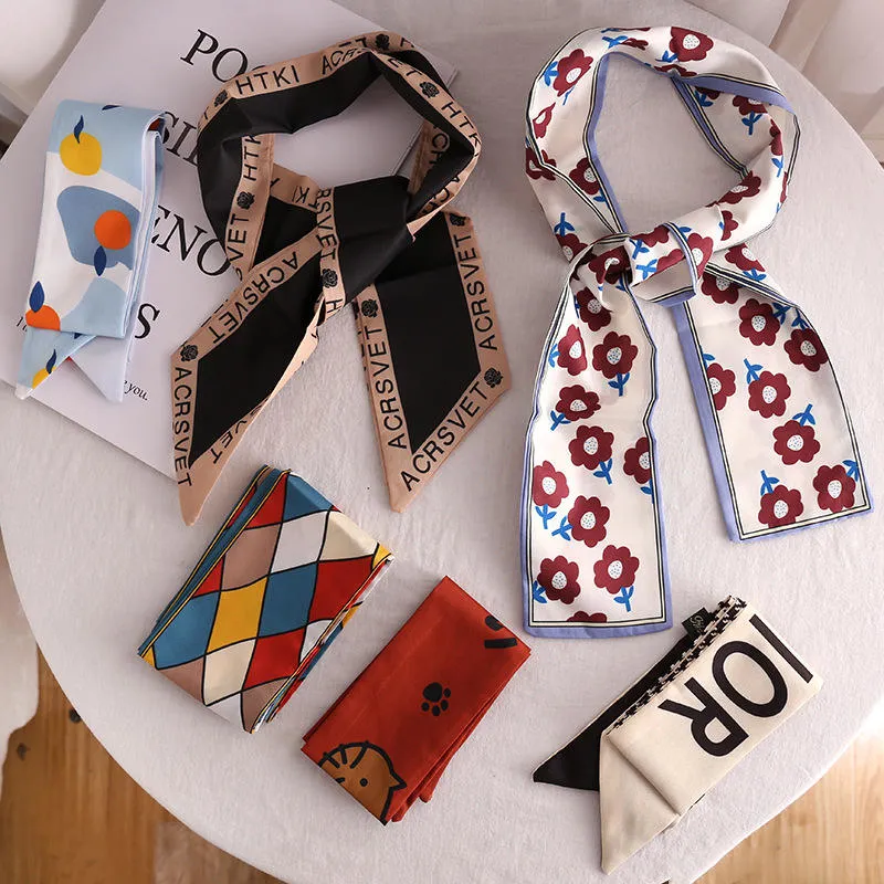 Korean Female New Hair Accessories Printed Silk Scarf Bow Streamer Fashion Hair Tie