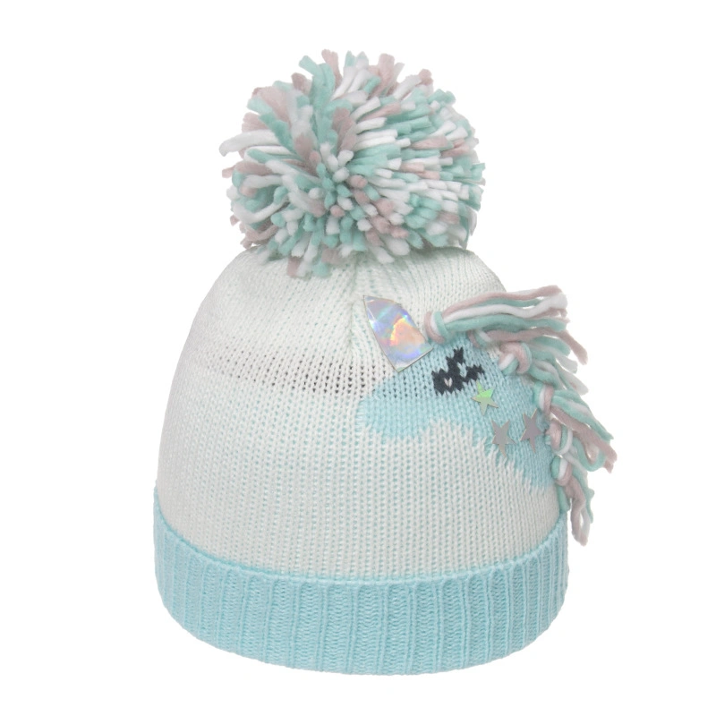 Lovely Animal Custom Jacquard Unicorn Pompom Bobble Acrylic Knitted Winter Beanie Hat